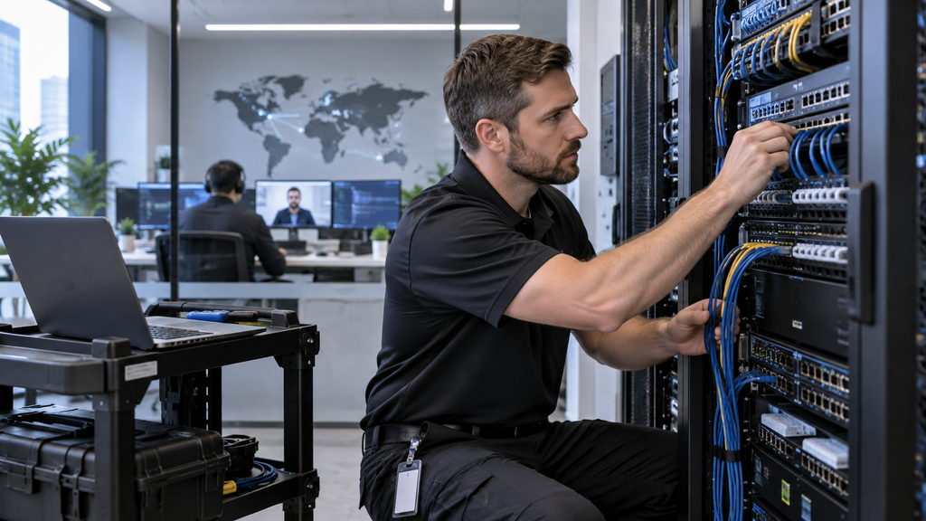 Onsite IT smart hands technician working on network equipment for a remote IT team in San Jose