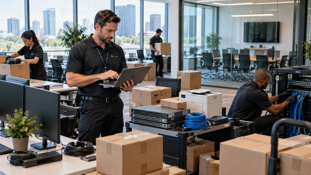 IT team setting up network equipment, computers, and office technology during a San Jose office move