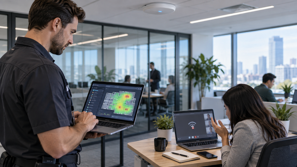IT technician troubleshooting unstable office Wi-Fi and wireless coverage in a San Jose business