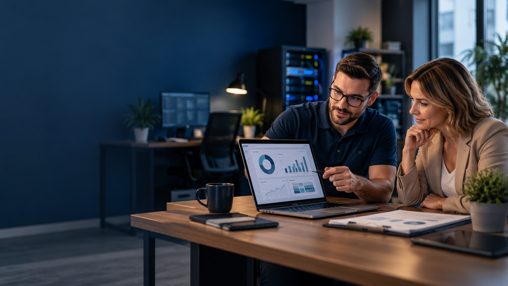 Small business owner reviewing managed IT service costs with an IT consultant