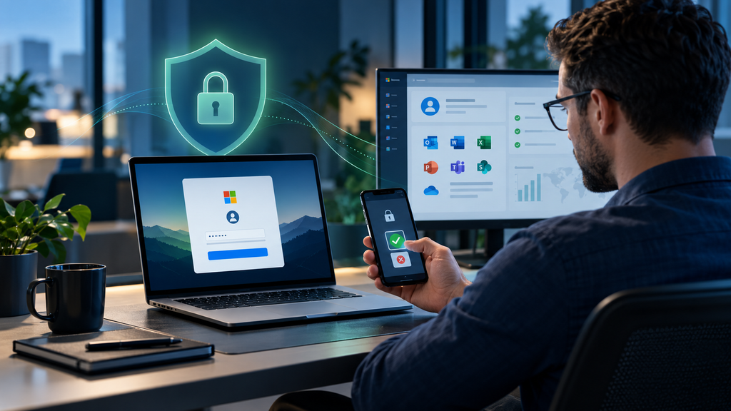 IT administrator securing Microsoft 365 accounts with multi-factor authentication and account protection