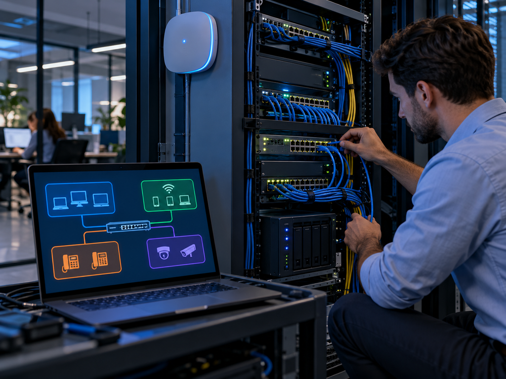 IT technician configuring VLAN network segmentation for a small business office